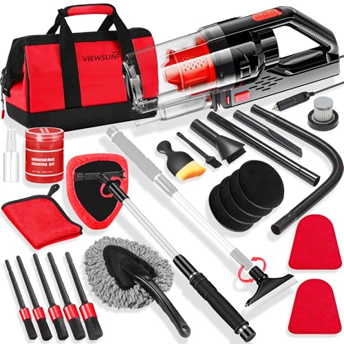 Viewsun 17PCS Car Cleaning Kit, Red Car Interior Detailing Kit with High Power Handheld Vacuum, Detailing Brush Set, Windshield Cleaner, Cleaning Gel, Complete Auto Accessories for Women Girls Gift - color: Red, size: 17PCS