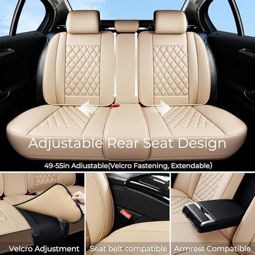 Huidasource Beige Seat Covers Full Set, Nappa Leather Seat Cover Hollow Design Airbag Pops, Front ＆ Back Seat, 5 Layers Seat Covers for Most Cars, Vans, Trucks, SUVs Universal Fit (Full Set/Beige) - color: 02FS# Beige, size: 5pcs Full Set