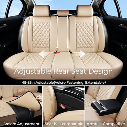Huidasource Beige Seat Covers Full Set, Nappa Leather Seat Cover Hollow Design Airbag Pops, Front ＆ Back Seat, 5 Layers Seat Covers for Most Cars, Vans, Trucks, SUVs Universal Fit (Full Set/Beige) - color: 02FS# Beige, size: 5pcs Full Set
