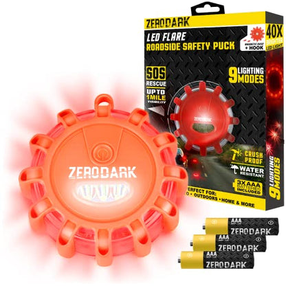 ZeroDark Road Flares LED Flashing Warning Light Emergency Roadside Safety Disc Highlights With Magnetic Base & Hook For Vehicles & Boat 1Pack