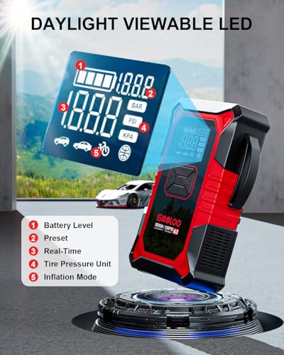 GOOLOO A3 Jump Starter with Air Compressor, 3000A Portable Car Battery Booster (9.0 Gas/6.5L Diesel) with 150PSI Auto-Shutoff Tire Inflator, 12V Supersafe Lithium Jump Box Car Battery Jumper Starter - color: Red
