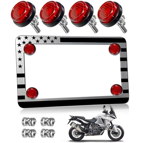 Motorcycle License Plate Frame with Red Reflectors Bolts and Nuts - American Flag Stainless Steel Bike Tag Plate Holder, USA Patriotic Bracket for Motorcycle - color: Black+ red reflector bolts