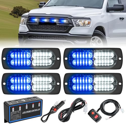 Nilight 4PCS LED Strobe lights 12V 24V Sync Feature Blue White 24LED Emergency Hazard Warning Lights with Controller Hard Wire or Cigarette Lighter Plug for Car Truck RVs Campers - color: Blue White w/Controller