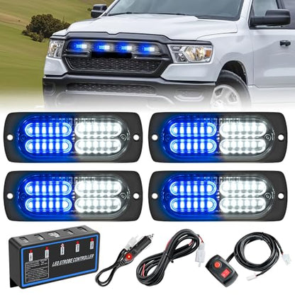 Nilight 4PCS LED Strobe lights 12V 24V Sync Feature Blue White 24LED Emergency Hazard Warning Lights with Controller Hard Wire or Cigarette Lighter Plug for Car Truck RVs Campers - color: Blue White w/Controller