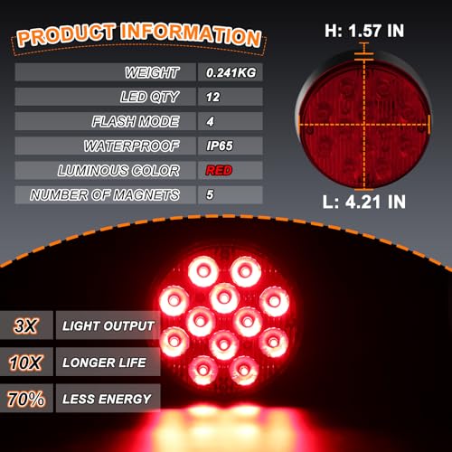 2PCS Magnetic Red Strobe Lights for Trucks, Rechargeable Flashing Lights for Vehicles, LED Red Beacon Magnetic Trailer Lights Portable Emergency Safety Warning Lights Wireless Strobe Lights - color: Red-Round Shape