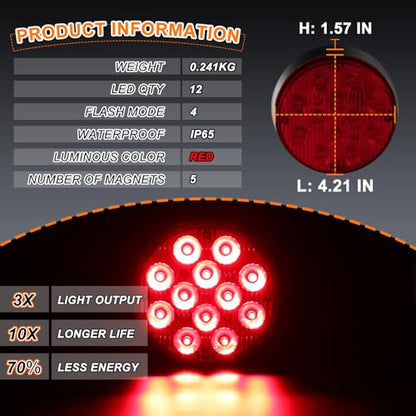 2PCS Magnetic Red Strobe Lights for Trucks, Rechargeable Flashing Lights for Vehicles, LED Red Beacon Magnetic Trailer Lights Portable Emergency Safety Warning Lights Wireless Strobe Lights - color: Red-Round Shape