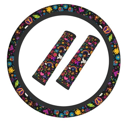 Retro Flower Peace Rainbow Love Steering Wheel Cover Elastic Non-Slip Car Steering Wheel Covers with Seat Belt Shoulder Pad for Women Men - color: Retro Flower Peace Rainbow Love