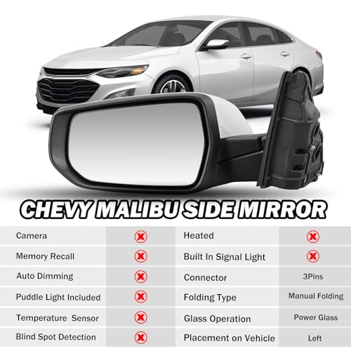 Driver Side View Mirror Compatible with Chevy Malibu 2016 2017 2018 2019 2020 2021 2022 Non Heated Without Signal Light Manual Folding LH(White) - color: 3Pins-WT, size: Left Driver Side