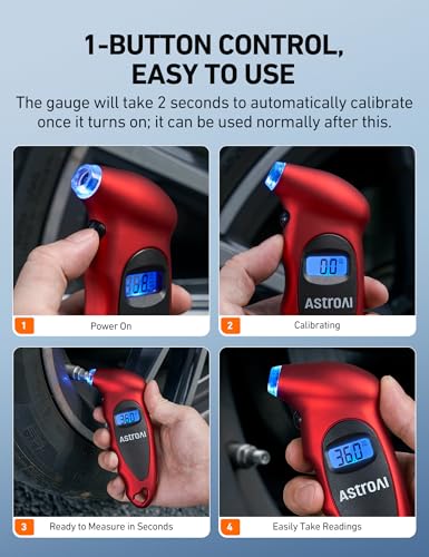 AstroAI Digital Tire Pressure Gauge 0-150PSI Calibrated to ANSI B40.7 +/-1PSI, Accurate in 0.1 Increments, Tire Repair Tools 4 Pressure Measurements for Car Truck with Backlight LCD, Red - color: Red