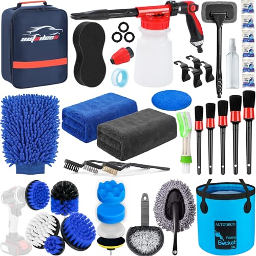 38Pcs Car Wash Detailing Kit Cleaning Kits with Foam Gun Sprayer Collapsible Bucket Drill Brush Large Wash Mitt Towels Complete Interior Exterior Car Washing Supply Set Blue - color: Blue, size: 38Pcs
