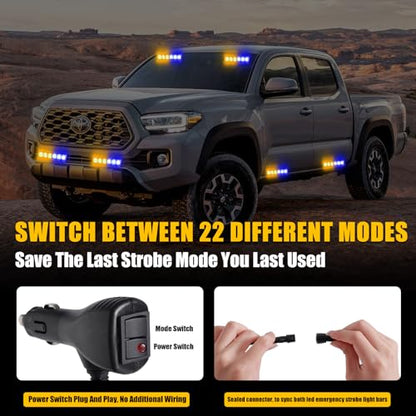 2X 6.1 inch Emergency Strobe Lights Amber/Blue 12 LED Warning Flashing Safety Dash Front/Rear Windshield Lights Grill Surface Mount for Police Firefighter Ambulance Vehicles Trucks - color: Amber/Blue