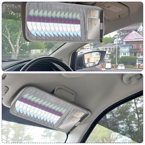 CD Visor Holder for Car, DVD Vehicle Visor Storage Organizer Gray Large Capacity CD Case with 12 Storage Sleeves, 1 Mesh Pocket, 1 Pen Loop & Elastic Strap