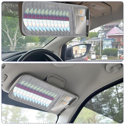 CD Visor Holder for Car, DVD Vehicle Visor Storage Organizer Gray Large Capacity CD Case with 12 Storage Sleeves, 1 Mesh Pocket, 1 Pen Loop & Elastic Strap