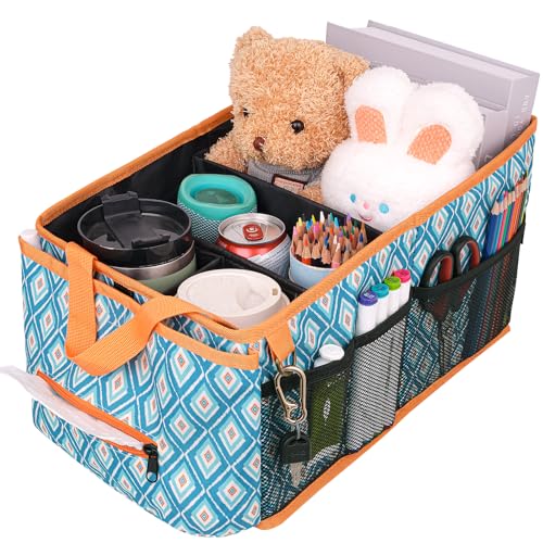 HEYSKAY Car Seat Organizer with Cup Holders, Automotive Seat Back Organizer and Storage with Adjustable Dividers, Book & Toy Organizer for Car and Office - color: Blue Diamond