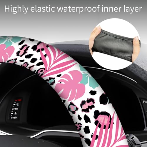 Steering Wheel Covers for Car, Truck, and SUV, Cute Non-Slip Breathable Elastic Steering Wheel, Car Accessories, Universal 15 Inch Leather Cover for Men Women Tropical Leaves Leopard - color: Tropical Leaves Leopard