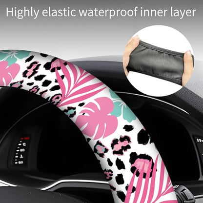 Steering Wheel Covers for Car, Truck, and SUV, Cute Non-Slip Breathable Elastic Steering Wheel, Car Accessories, Universal 15 Inch Leather Cover for Men Women Tropical Leaves Leopard - color: Tropical Leaves Leopard