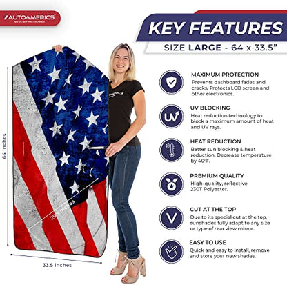Autoamerics 1-Piece Windshield Sun Shade Grunge American Flag - 4 USA Design - Foldable Car Front Window Sunshade for Most Sedans SUV Truck - Blocks Max UV Rays and Keeps Your Vehicle Cool - Large - color: USA GRUNGE FLAG-4, size: LARGE = 64 x 33.5 inches
