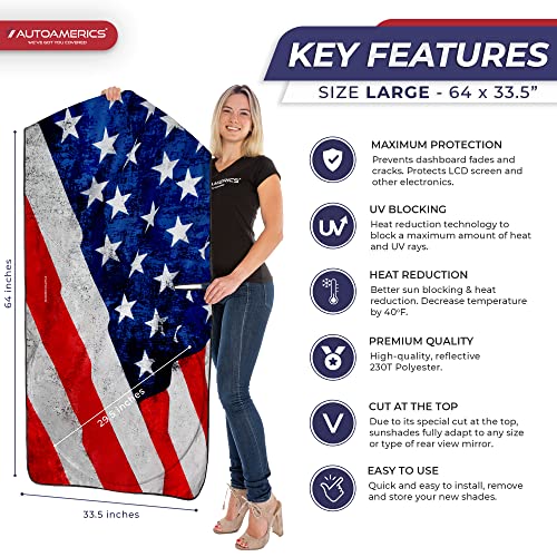 Autoamerics 1-Piece Windshield Sun Shade Grunge American Flag - 4 USA Design - Foldable Car Front Window Sunshade for Most Sedans SUV Truck - Blocks Max UV Rays and Keeps Your Vehicle Cool - Large - color: USA GRUNGE FLAG-4, size: LARGE = 64 x 33.5 inches