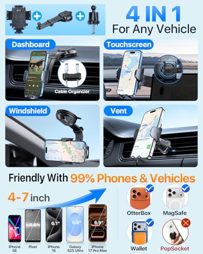 HTU Upgraded Strongest Suction Car Phone Holder Bendable Arm, Never Block View Rotatable Cellphone Mount for Dashboard Windshield Vent, Cradle Stand for iPhone 17 16 15 14 13 12 Pro Max (Black) - color: Black