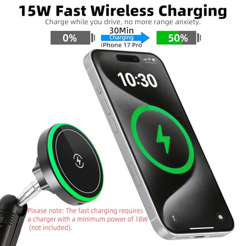 15W Magnetic Wireless Charging Phone Mount with Aluminum Double Socket Arm & 17mm/0.67" Ball -Replacement Base for Car Air Vent, Dashboard, Windshield Holder, Compatible with MagSafe iPhone - style: Wireless Charging with Metal Arm