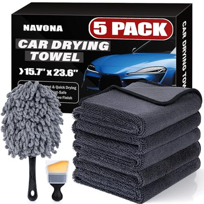 Navona 5 Pack Microfiber Car Drying Towels – Ultra Absorbent, Lint-Free Multi-Purpose Cloths for Car Wash, Bathroom Body Drying, Kitchen Cleaning & Sports Sweat Wiping