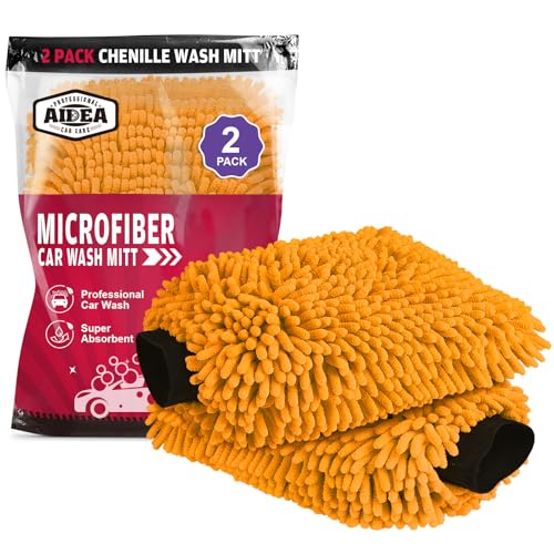 AIDEA Car Wash Mitt Microfiber, 2PK Scratch Free Lint-Free, Premium Chenille Microfiber Mitt Car Wash Brush, Orange, Regular Size 7.12''X10.14'' - color: Orange, size: 2PK