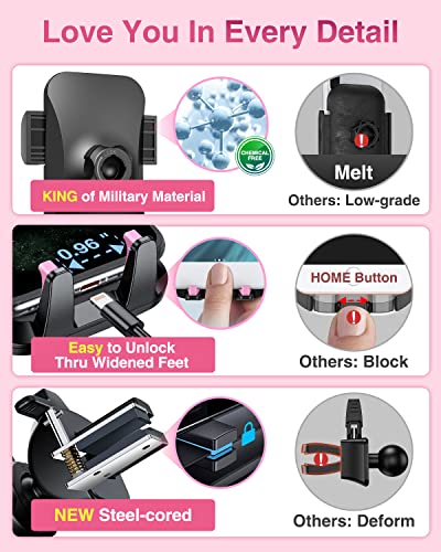 VANMASS【85+LBS Strongest Suction & Military-Grade Ultimate Car Phone Mount【Patent & Safety Certs】 Cell Phone Holder for Dash Windshield Vent for iPhone 17 Pro Max Automobile Accessory Kits,Light Pink - color: Light Pink