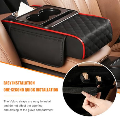 Car Armrest Cushion, 5-in-1 Nappa Leather Vehicle Centre Console Cover with 2 Storage Pockets, Cup Phone & Phone Holder, Multifunctional Auto Organiser Accessories, Universal Fit (Black/Red) - color: Black/Red