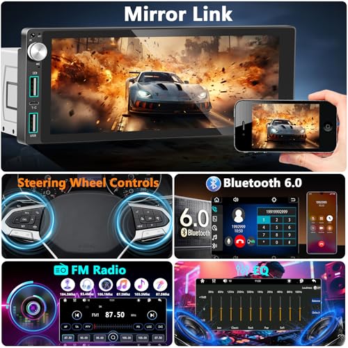 Single Din Car Stereo with Apple Carplay Android Auto,6.9 Inch IPS Touchscreen, 1 Din Car Audio Receivers wtih Bluetooth Handsfree/FM/AM/Dual USB/Type-C/EQ/SWC/GPS Navigation/Backup Camera/Microphone