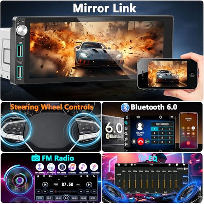 Single Din Car Stereo with Apple Carplay Android Auto,6.9 Inch IPS Touchscreen, 1 Din Car Audio Receivers wtih Bluetooth Handsfree/FM/AM/Dual USB/Type-C/EQ/SWC/GPS Navigation/Backup Camera/Microphone