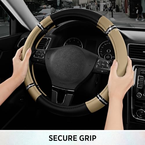 Road Comfort Leather Steering Wheel Cover – Premium Anti-Slip Car Steering Wheel Grip Cover – Universal Fit for 14.5”–15” Cars, Trucks & SUVs - Beige - color: Beige