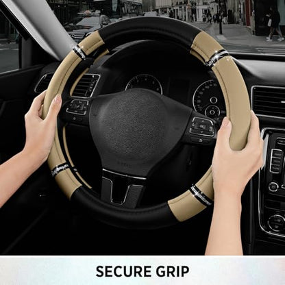Road Comfort Leather Steering Wheel Cover – Premium Anti-Slip Car Steering Wheel Grip Cover – Universal Fit for 14.5”–15” Cars, Trucks & SUVs - Beige - color: Beige