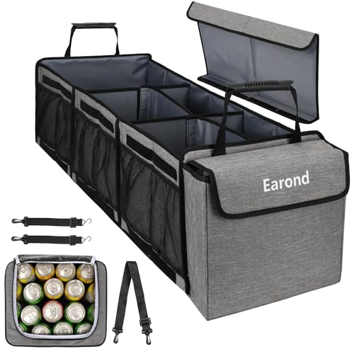 Collapsible Trunk Organizer with Insulated Leakproof Cooler Bag,Removable Lid,Adjustable Securing Straps,3 Compartments Trunk Organizer for SUV,Truck,Sedan(Light Grey) - color: Light Grey, size: With Cooler