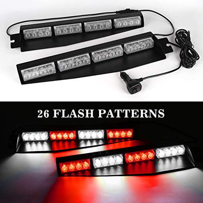 ASPL 32LED Visor Lights 26 Flash Patterns Windshield Emergency Hazard Warning Strobe Beacon Split Mount Deck Dash Lamp With Extend Bracket (Red/White/Red/White) - color: Red/White/Red/White