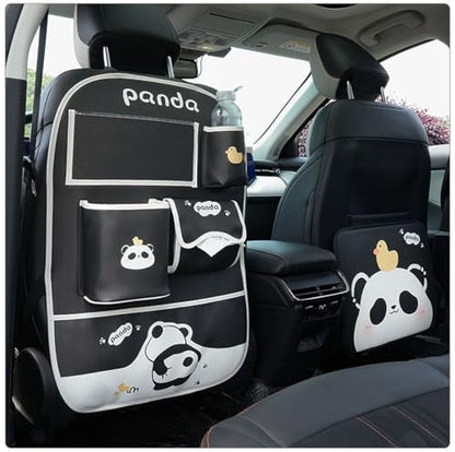 YUNZLAN Cute Panda Leather Car Backseat Organizer 1 Pack Car Seat Back Protectors with Clear 10" Tablet Holder + 4 Storage Pockets - color: Black