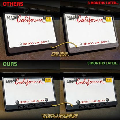 Corvette License Frame – Stealth Black Powder Coat UV Resistant Rust-Proof Steel Plate Holder - One Piece - Compatible with Chevrolet Corvette Chevy C5 C6 C7 C8 (3D RAISED LETTERS w/ MOUNT HARDWARE)