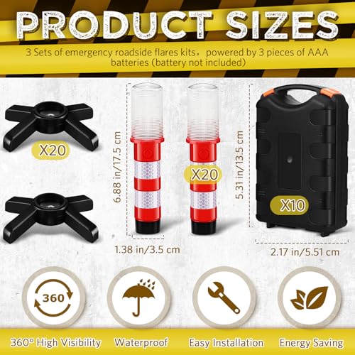 Riakrum 2 Pcs Emergency Roadside Flares Bulk Kit LED Safety Strobe Road Warning Light Bright Red Safety Beacon Strobe Light Roadside Flare Magnetic Base Detachable Stand Vehicle (Batteries Excluded)