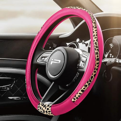 Road Comforts Steering Wheel Cover - Made with PVC Leather and Leopard Fabric - Universal 14 1/2 inches to 15 inches for Most Automotive Steering Wheel - Cheetah Print -Hot Pink - color: Round-Hotpink