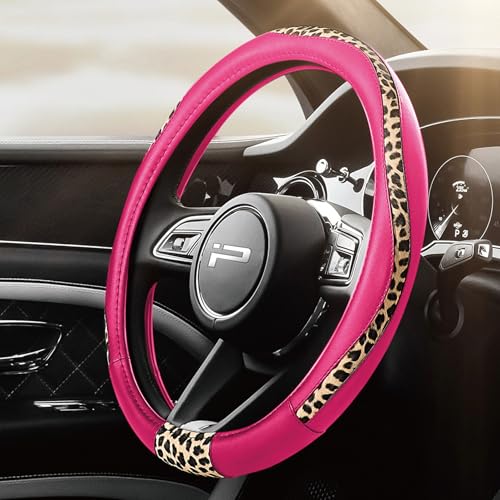 Road Comforts Steering Wheel Cover - Made with PVC Leather and Leopard Fabric - Universal 14 1/2 inches to 15 inches for Most Automotive Steering Wheel - Cheetah Print -Hot Pink - color: Round-Hotpink