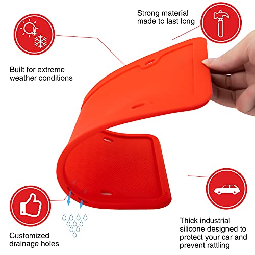 XCLPF Silicone License Plate Frame Covers 2 Pack- Front and Back Car Plate Bracket Holders. Rust-Proof, Rattle-Proof, Weather-Proof (Red) - color: Red