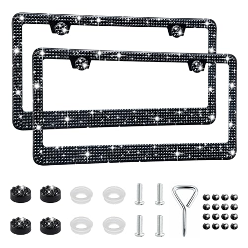 GaRhomxy Bling License Plate Frames for Women, 2 Pack Handcrafted Sparkly Rhinestone Car Accessories, Premium Stainless Steel Frame with 1000+ Faceted Glass Crystals & Free Glitter Caps (Black) - color: black, size: 2PCS
