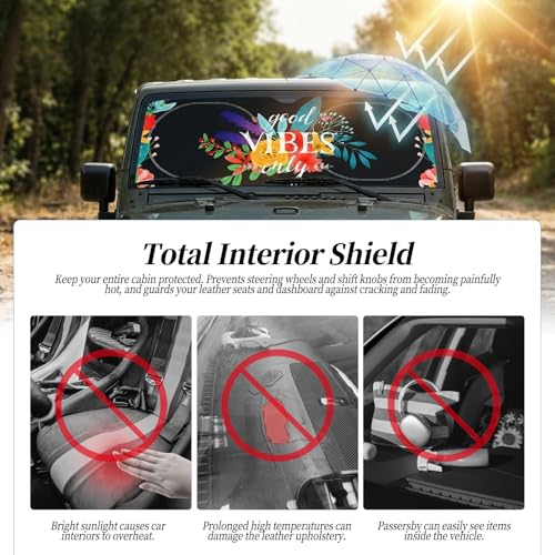 63"x28.5" Car Windshield Sun Shade with Storage Pouch, Stylish Printed Front Window Sunshade with Double Ring Frame, Universal Fit Foldable Heat Blocker & UV Protector for SUV, Sedan (Good Vibes) - color: Good Vibes