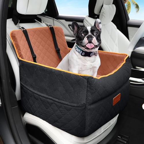 HEGGCOOE Small Dog Car Seat, Memory Foam Dog Booster Seats with Thick Cushion for Medium Dogs Under 35lbs, Detachable Washable Pet Car Seat Travel Bed with Storage Pockets,2 Safety Belts - color: Black+brown