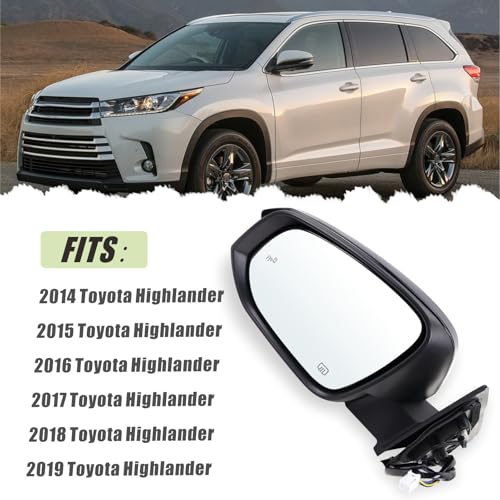 Left Driver Side Mirror Compatible With 2014-2019 Toyota Highlander With Manual Folding Power Glass Heated Turn Signal Blind Spot Black Replaces #87940-0E272 TO1320361 (7Pins) ﻿ ﻿ - color: Black, size: 7Pins-Left