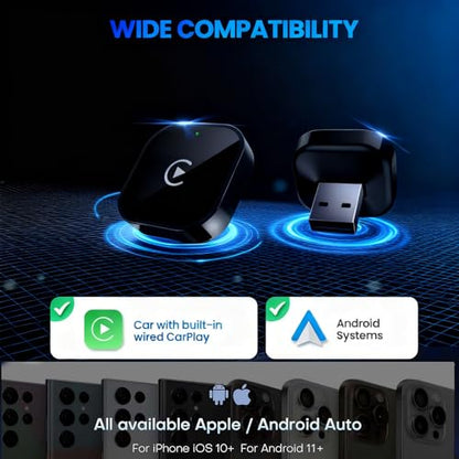 Wireless CarPlay Adapter for Apple iPhone & Android, 2-in-1 Adapter Convert Wired to Wireless Dongle