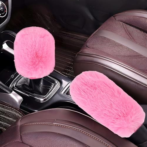 Hovom 2PCS Fluffy Car Gear Shift Knob Cover & Handbrake Cover, Soft Plush Hand Brake Handle & Gear Shift Cover for Women Girls, Universal Comfortable Warm Furry Car Accessories (Pink) - color: Pink