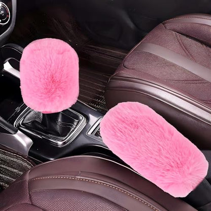 Hovom 2PCS Fluffy Car Gear Shift Knob Cover & Handbrake Cover, Soft Plush Hand Brake Handle & Gear Shift Cover for Women Girls, Universal Comfortable Warm Furry Car Accessories (Pink) - color: Pink