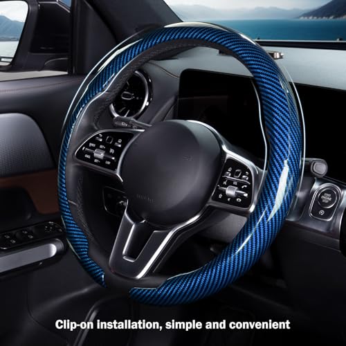 Car Steering Wheel Cover Carbon Fiber Snap On Steering Wheel Accessories Wrap 14.5-15 inch Universal Grip Anti-Skid Protector, Glossy Blue - color: Glossy Blue