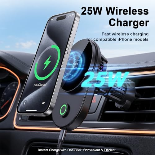 TeSabMi Magnetic Wireless Car Charger Mount with Active Cooling, Up to 25W Fast Charging for Compatible iPhone 17/16, Strong Magnet Air Vent Phone Holder, 360 Rotation, Fits iPhone 17/16/15/14/13/12