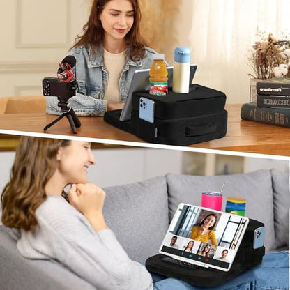 TabCouchCaddy - Couch Cup Holder Tray Pillow - Bed, Couch Caddy, Sofa, RV & Car - Holds Drinks, Snacks, Remotes, Phones, Kindle, Tablet | Bed Cup Holder (Black)